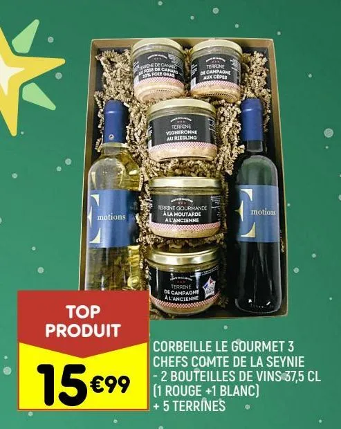 corbeille le gourmet 3 chefs comte de la seynie - 2 bouteilles de vins + 5 terrines