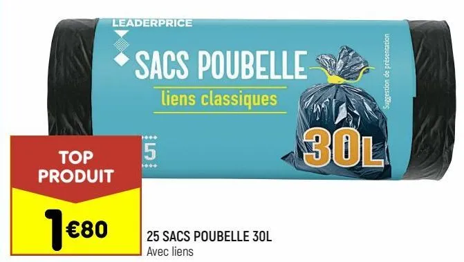 25 sacs poubelles 30l leader price
