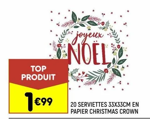 20 serviettes 33x33cm en papier christmas crown