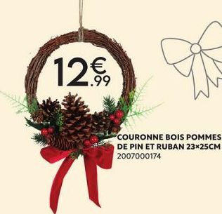 th  .99  COURONNE BOIS POMMES DE PIN ET RUBAN 23*25CM 2007000174 