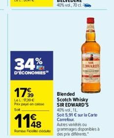 34%  D'ÉCONOMIES  1799  LeL: 17,39 € Prix payé en caisse Sot  1148  €  Remise de dédute  SIR EDWARDS  Blended Scotch Whisky SIR EDWARD'S  40% vol., 1L. Soit 5,91 € sur la Carte Carrefour.  Autres vari