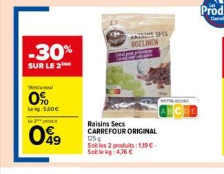 -30%  SUR LE 2  Vendu seul  0%  Lekg: 5,60€  Le 2 produit  0949  H  RAISINS SFCS ROZIJNEN  Raisins Secs CARREFOUR ORIGINAL  125 g  Soit les 2 produits: 1,19 € Soit le kg: 4,76 €  NUTRI-SCORE  CDE 