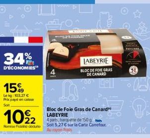 34%  D'ÉCONOMIES  15%  Le kg: 103,27 € Prix payé en caisse Soit  10%2  Bloc de Foie Gras de Canard LABEYRIE  4 parts, barquette de 150 g  Romise Fickt uit Soit 5,27 € sur la Carte Carrefour Au rayon F