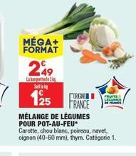 MÉGA+ FORMAT  249  Laborettede 2 S  125  MÉLANGE DE LÉGUMES POUR POT-AU-FEU* Carotte, chou blanc, poireau, navet, oignon (40-60 mm), thym. Catégorie 1.  TORGNE  FRANCE  FRUITS LEGUMES  MAN 
