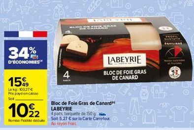 34%  D'ÉCONOMIES™  15%  Lokg: 103,27 € Prix payé encaisse  Soit  10%2  Remise de dédute  4  PARTS  Bloc de Foie Gras de Canard™ LABEYRIE  4 parts, barquette de 150 g Soit 5,27 € sur la Carte Carrefour