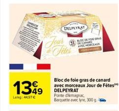 139  Lokg:44.97€  DELPEYRAT  Jour Files  BLOC DE FOIE GRAS DE CANARD AVEC HORCEAUX  Bloc de foie gras de canard avec morceaux Jour de Fêtes DELPEYRAT  Pointe d'Armagnac Barquette avec lyre, 300 g.  