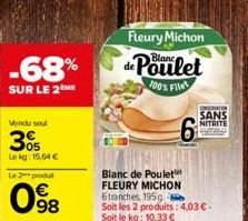 -68%  SUR LE 2  Vendu sout  3%  Lekg: 15,64 € L2produ  098  Fleury Michon de Poulet  100% Filet  WATER  SANS  NITRITE  Blanc de Poulet FLEURY MICHON 6tranches, 195g.  Soit les 2 produits: 4,03 € - Soi