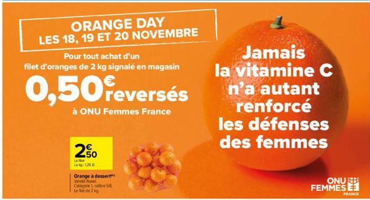 ORANGE DAY LES 18, 19 ET 20 NOVEMBRE  Pour tout achat d'un filet d'oranges de 2 kg signalé en magasin  0,50 feversés  à ONU Femmes France  250  Le fict Lekg: 1,25 €  Orange à dessert)  Variete Navel  