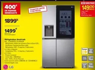 400€  de remise immediate  1899€  1499  de wat  réfrigérateur américain govople plan  với giá từ locati dongdoc giới  dribor eagl  regatur 44  2  congelator 219l42  produto  conso ele 34w  d 9x195cm e