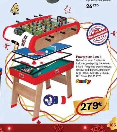 sibigy  par  icommandi  seils  powerplay 4 en 1 baby-foot avec 3 activités incluses, ping-pong, hockey et billard ! poignées ergonomiques, lanceur de balles et 2 balles en liège inclus. 120 x 87 x 86 