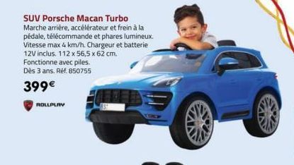 ROLLPLAY  SUV Porsche Macan Turbo  Marche arrière, accélérateur et frein à la pédale, télécommande et phares lumineux. Vitesse max 4 km/h. Chargeur et batterie 12V inclus. 112 x 56,5 x 62 cm. Fonction