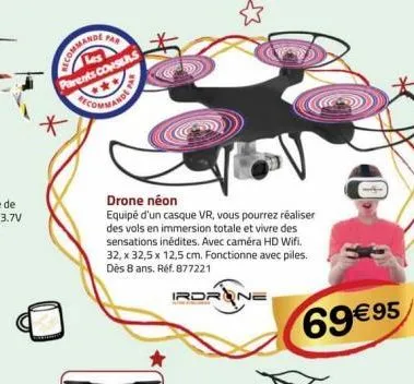 recommandi  parents conseils  far  drone néon  equipé d'un casque vr, vous pourrez réaliser des vols en immersion totale et vivre des sensations inédites. avec caméra hd wifi. 32, x 32,5 x 12,5 cm. fo