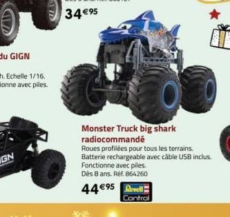 44 €95 Revell  Control  Monster Truck big shark radiocommandé  Roues profilées pour tous les terrains. Batterie rechargeable avec câble USB inclus. Fonctionne avec piles. Dès 8 ans. Réf. 864260 