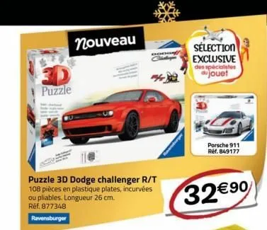 puzzle  nouveau  puzzle 3d dodge challenger r/t 108 pièces en plastique plates, incurvées ou pliables. longueur 26 cm. réf. 877348 ravensburger  dege  sélection exclusive  des spécialistes aujouet  po