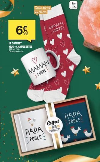 6€  LE COFFRET MUG+CHAUSSETTES 188,5x12cm Céramique et coton.  Taille 36-42  au 39-45  ♡ MAMAN LOUVE  PAPA POULE  MAMAN  LOUVE  Coffret MUG CHAUSSETTES  le candidi  PAPA POULE  