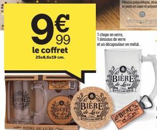 BILRES  99  le coffret  25x8,6x19 cm.  ÈRE DE LUXE  BIERE de kere)  BIERE  de Lure  1 chope en verre,  1 dessous de verre  et un décapsuleur en métal.  atmosphero  BIÈRE  de Luxe  BILRE 