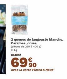 2 queues de langouste blanche, Caraïbes, crues (pièces de 250 à 400 g)  le kg 85€90  69%  avec la carte Picard & Nous" 