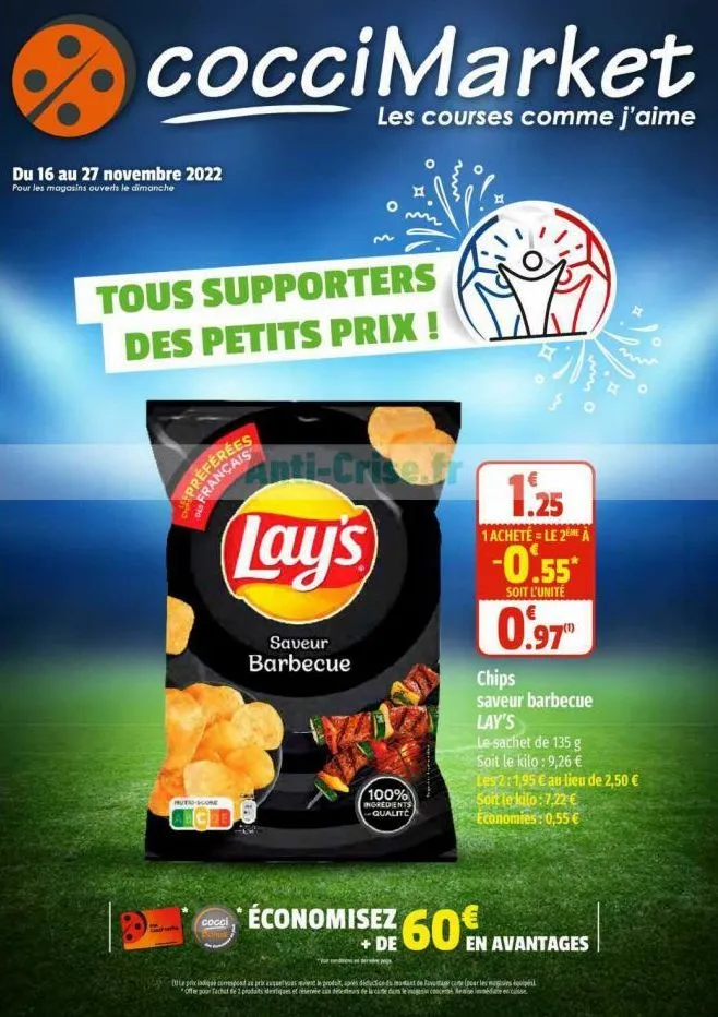 coccimarket  les courses comme j'aime  du 16 au 27 novembre 2022  pour les magasins ouverts le dimanche  tous supporters des petits prix !  préférées  hutnod-score  lay's  saveur barbecue  m  cocci ch