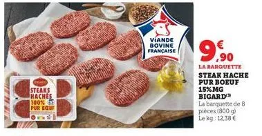 b  steaks haches 100% pur bœuf ofs  viande bovine française  9,⁹0  €  la barquette steak hache pur boeuf  15% mg bigard  la barquette de 8  pièces (800 g)  le kg: 12,38 € 