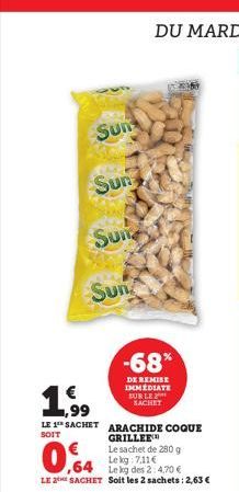 Sun  Sun  Sune  Sun  -68*  DE REMISE IMMEDIATE SUR LE SACHET  1,99  LE 1 SACHET ARACHIDE COQUE  SOIT  GRILLEE™  0,64  Le sachet de 280 g Le kg: 7,11 €  Le kg des 2:4,70 €  LE 2 SACHET Soit les 2 sache