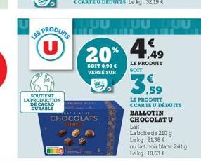 SOUTIENT LA PRODUCTION DE CACAO DURABLE  US PRODUITS U  CHOCOLATS  THREE  SOIT 0,90 € VERSE SUR  JUUUUUU  €  20% 4,9  LE PRODUIT sorr  3,59  LE PRODUIT <CARTE U DÉDUITS BALLOTIN CHOCOLAT U Lait La boi