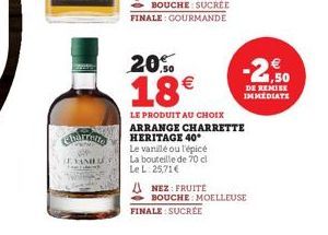 Chancato  EVANES  BOUCHE: SUCREE FINALE: GOURMANDE  FINALE: SUCRÉE  20.50  18€  LE PRODUIT AU CHOIX ARRANGE CHARRETTE HERITAGE 40*  Le vanillé ou l'épicé La bouteille de 70 cl Le L: 25,71€  ANEZ: FRUI