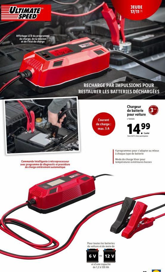 ULTIMATEⓇ ESPEED  Affichage LCD du programme de charge, de la tension et de l'état de charge  12.0V  Commande intelligente à microprocesseur avec programme de diagnostic et procédure de charge entière