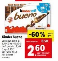 col  kinder bueno  le produit de 516 g: 6,50 € (1 kg = 12,60 €) les 2 produits: 9,10 € (1 kg = 8,82 €) soit l'unité 4,55 €  10x 2 barres  kinder  bueno  mercredi 16/11  -60%  le produit 6.50  260  sur