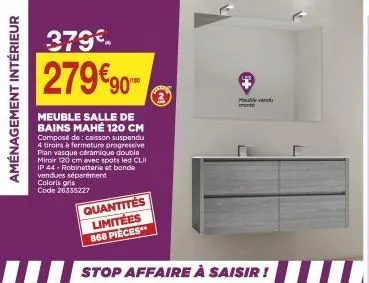 aménagement intérieur  379€ 279€90  meuble salle de bains mahé 120 cm composé de: caisson suspendu 4 tiroirs à fermeture progressive plan vasque céramique double miroir 120 cm avec spots led cli ip 44