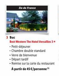 Ile de France  3 Buc  Best Western The Hotel Versailles 3*  • Petit-déjeuner  - Chambre double standard • Verre de bienvenue  •  Départ tardif  • Remise sur la carte du restaurant  À partir de 45 €/pe