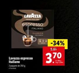 Lavazza espresso italiano  2 paquets de 250 g 5640  TOTAL  LAVAZZA  espresso  ITALIANO  CLASSICO  -34%  5.61  3.70  ● 1-7,40€ 
