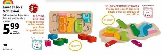 38  jouet en bois montessori  autres modèles disponibles dans nos supermarchés  380707  99  le set au choix  pt-543/222  3  blocs de chiffres  blocs de chiffres en bois colorés pour faire des puzzles,