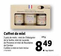 Coffret de miel  3 pots de miels: miel de Châtaignier de la Sarthe, miel de Lavande de Provence et miel de Bourdaine de Corrèze  Cuillère à miel en bois inclus SEDE  GRANDS CRUS MIELS DE FRANCE  375g 