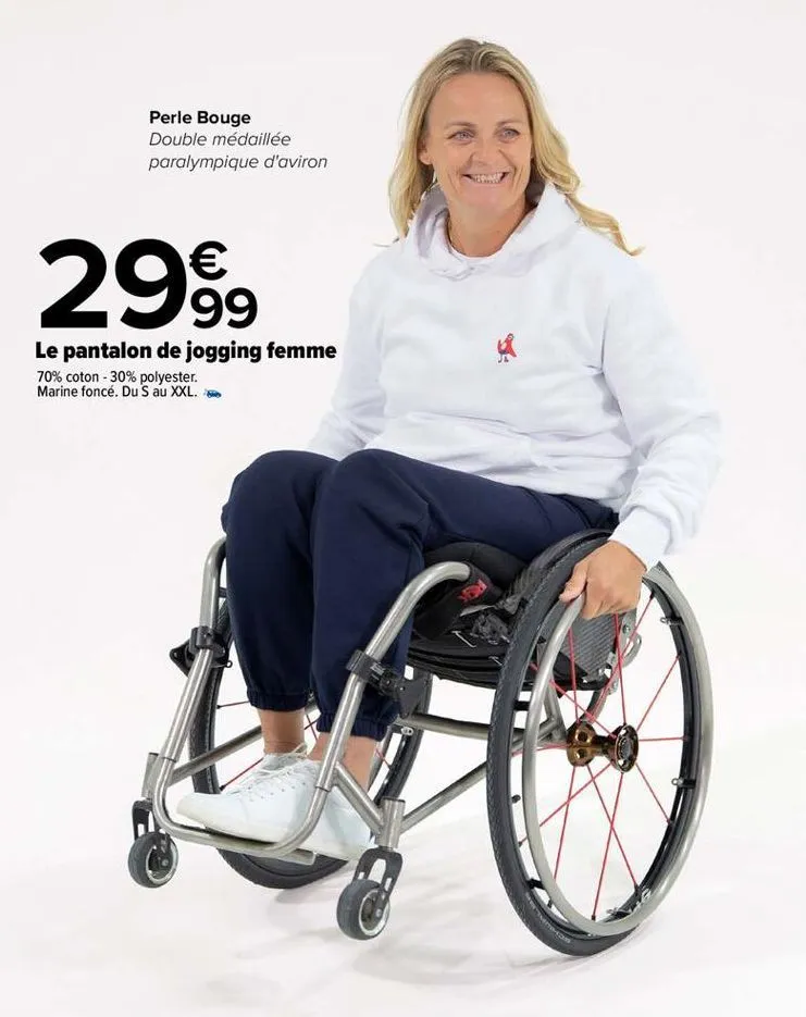 perle bouge double médaillée paralympique d'aviron  €  2999  le pantalon de jogging femme  70% coton - 30% polyester. marine foncé. du s au xxl.  new-com  