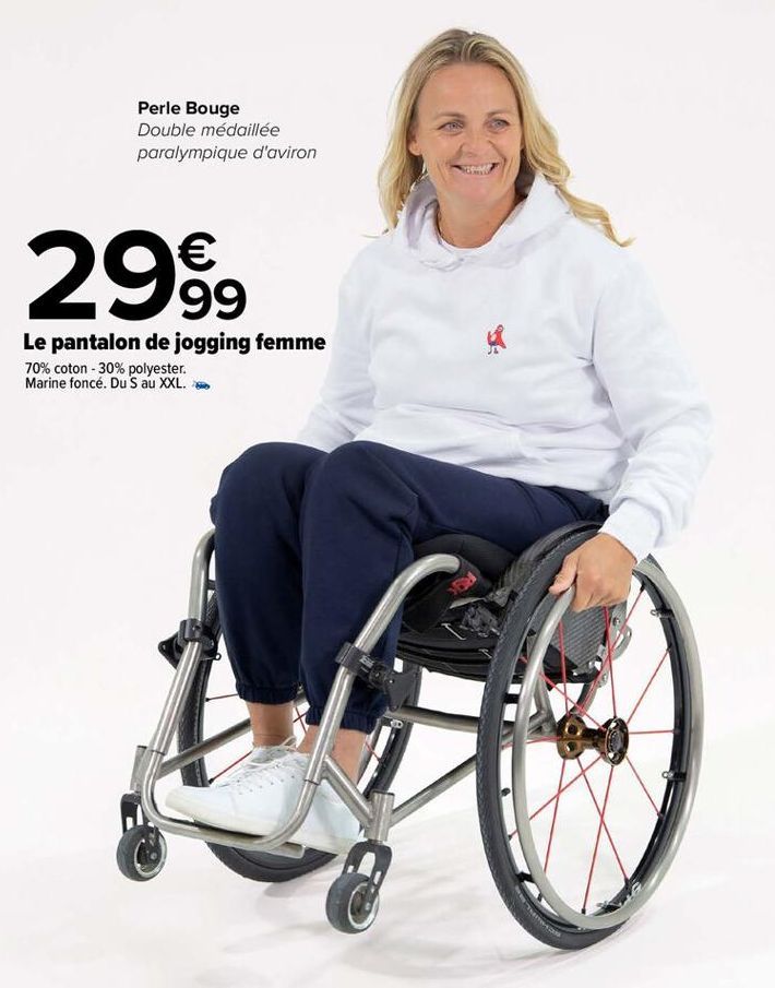 Perle Bouge Double médaillée paralympique d'aviron  €  2999  Le pantalon de jogging femme  70% coton - 30% polyester. Marine foncé. Du S au XXL.  New-com  