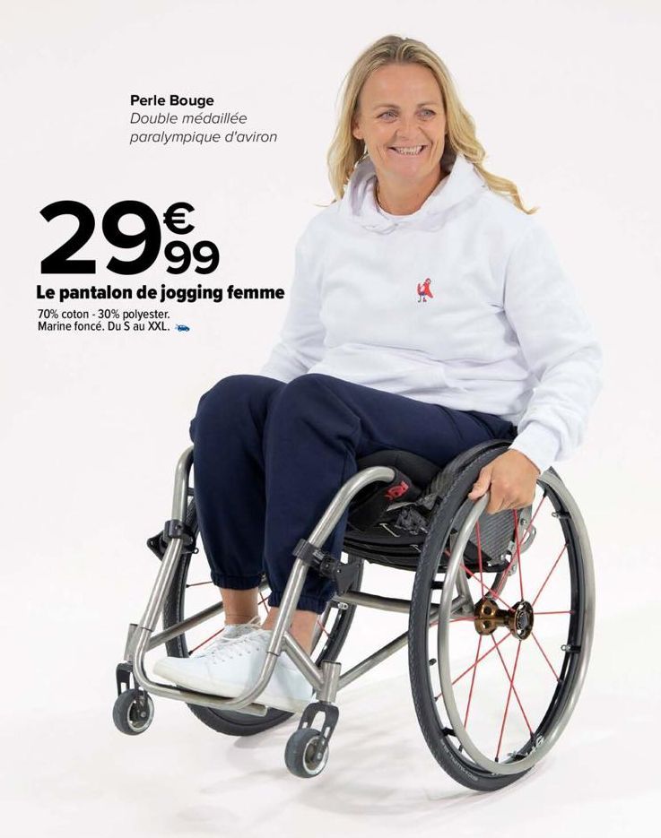 Perle Bouge Double médaillée paralympique d'aviron  €  2999  Le pantalon de jogging femme  70% coton - 30% polyester. Marine foncé. Du S au XXL.  