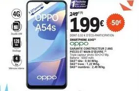 4g  double  128  stockage  45pes  oppo  249m  a54s 199€  oppo  dont 0020'eco-participation  smartphone a543  oppo  garantie constructeur 2 ans  peces et main-d'oeuvre triple capteur photo 50+2+2 mp ba