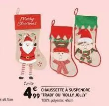 merry christmas  a  un  l'unité  € chaussette à suspendre  100% polyester, 45cm 