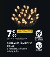 € NOUVEAUTÉS  799,9⁰  Dent 070  GUIRLANDE LUMINEUSE 80 LED  8 fonctions, différents coloris, 7.9m  INTERITUR  BEXTERIEUR  SECTEUR 