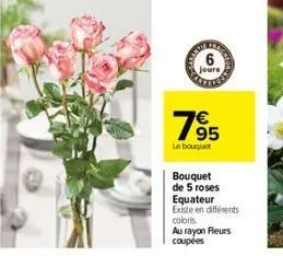jours  195  €  le bouquet  bouquet  de 5 roses equateur existe en différents  coloris au rayon fleurs coupées 