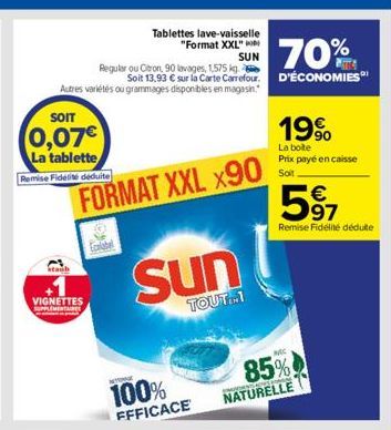 70%  Regular ou Citron, 90 lavages, 1,575 kg  Soit 13,93 € sur la Carte Carrefour. D'ÉCONOMIES Autres variétés ou grammages disponibles en magasin.  SOIT  0,07€  La tablette  Remise Fidélité déduite  