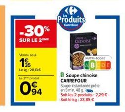 -30%  SUR LE 2  Vindu seul  195  Lekg: 28,13 €  Le 2 produt  094  H Produits  Carrefour  SOE-CHINOISE  CARREFOUR  Soupe chinoise  NUTRI-SCORE  Soupe instantanée préte  en 3 min, 48 g.  Soit les 2 prod