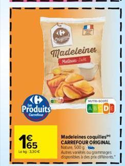 Produits  Carrefour  1€  165  Lokg: 3,30 €  Original  Madeleine  Marlies Zutt  NUTRI-SCORE  Madeleines coquilles™ CARREFOUR ORIGINAL Nature, 500 g  Autres variétés ou grammages disponibles à des prix 