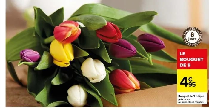 cara  6  jours  le  bouquet de 9  4⁹5  95  bouquet de 9 tulipes précoces au rayon fleurs coupées 