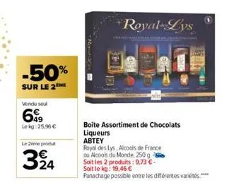 -50%  sur le 2 me  vendu soul  649  lekg: 25,96 €  le 2ème produt  324  e  royal lys  boite assortiment de chocolats liqueurs  abtey  royal des lys, alcools de france ou alcools du monde, 250 g. soit 