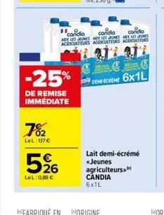 7%₂2  lel: 117 €  5%  lel: 0,88 €  -25%  de remise immédiate  11 condia  candia  condio  adt les jeunes age les jeunes are les agriculteurs acculteuns agricultis  €  demecreme 6x1l  lait demi-écrémé «