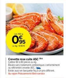 Les 100 g  05  Le kg: 9,50 €  Crevette rose cuite ASC (  Calibre 60 à 80 pièces au kg  Elevée sans traitements antibiotiques conformément  au référentiel crevette ASC.  Existe aussi en barquette 1kg à