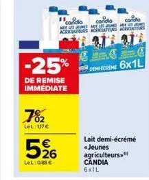 7%₂2  lel: 117 €  5%  lel: 0,88 €  -25%  de remise immédiate  11 condia  candia  condio  adt les jeunes age les jeunes are les agriculteurs acculteuns agricultis  €  demecreme 6x1l  lait demi-écrémé «