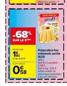 -68%  sur le 2  vendu seul  10  lekg: 6,25 €  le 2 produ  e5  58  offre familiale  alsa! the  préparation flan entremets vanille  alsa 288 g  soit les 2 produits: 2,38 €- soit le kg: 4,13 € autres var