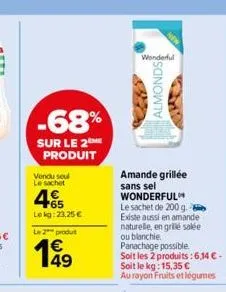 -68%  sur le 2 produit  vendu seul  le sachet  465  lekg: 23,25 €  le 2 produt  1€  wonderful  almonds  amande grillée sans sel wonderful  le sachet de 200 g. existe aussi en amande naturelle, en gril